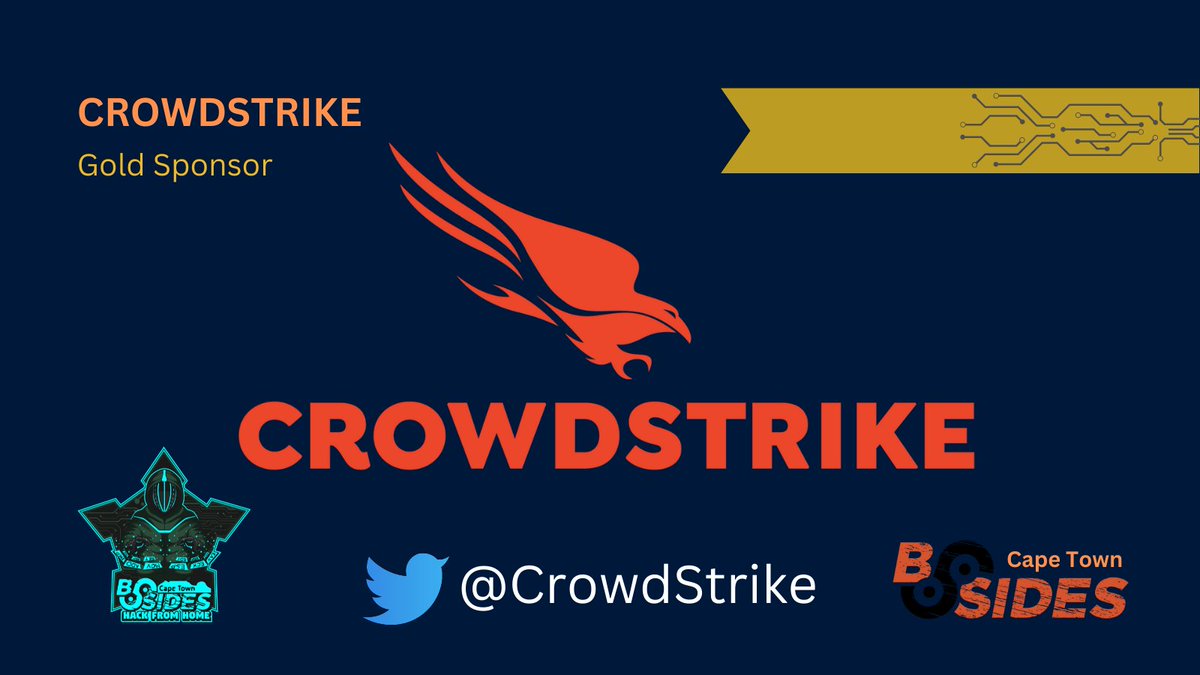 BSidesCapeTown's tweet photo. We would like to thank our Gold Sponsor, @CrowdStrike for helping us make this event happen! Without you, this day would not be possible.
Please give them a follow and check out their services.
#BSidesCapeTown #HackFromHome #BSides2022 https://t.co/vP3sEjk0Cq