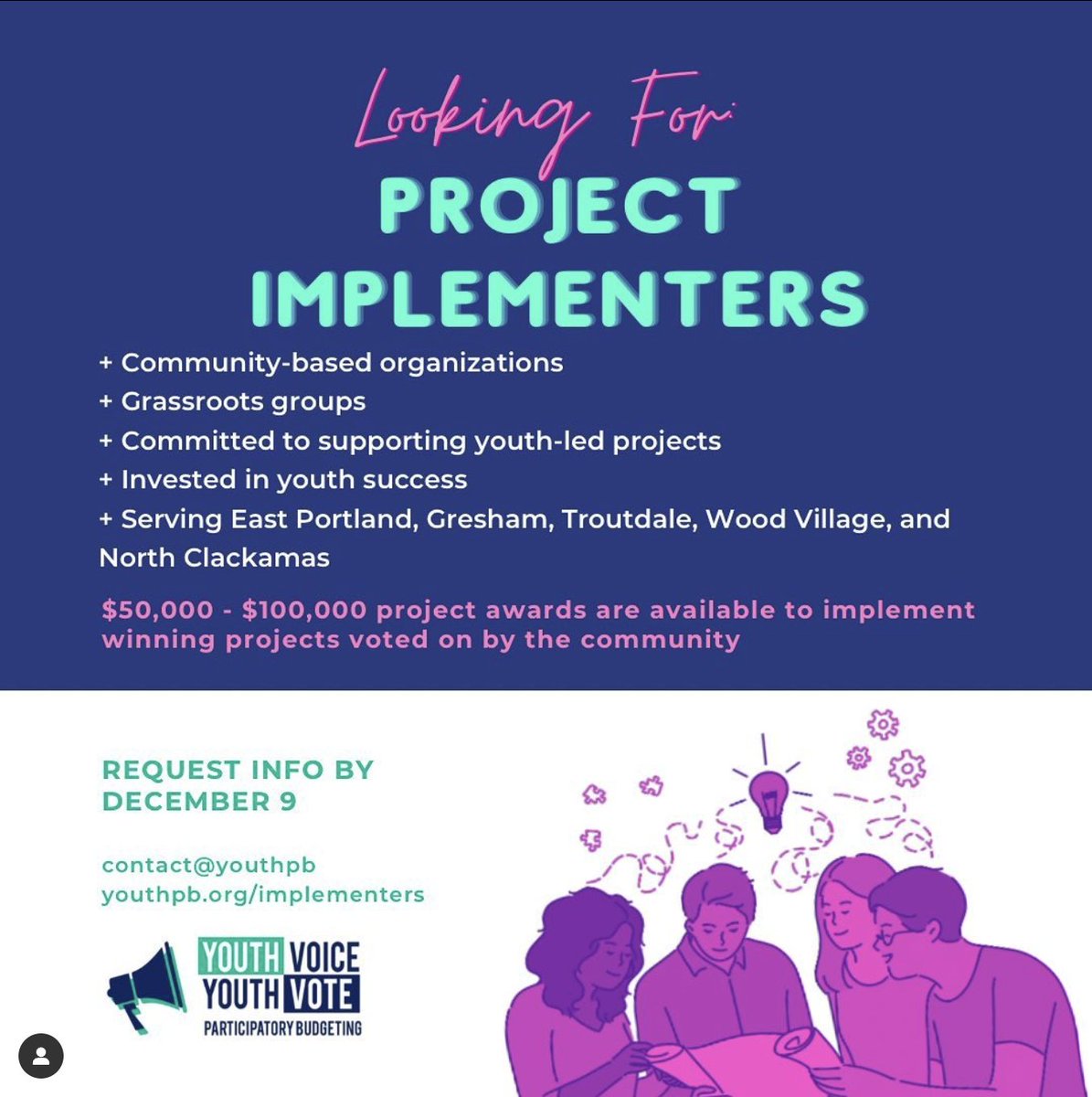 ParticipateOR's tweet photo. We need organizations with dedicated staff to implement youth-selected COVID recovery projects. Funding in various amounts will be awarded to these project implementer organizations. Learn more at https://t.co/8MXXDsrMXX. #youthpb @YouthPB https://t.co/hVjGF4w4Y6