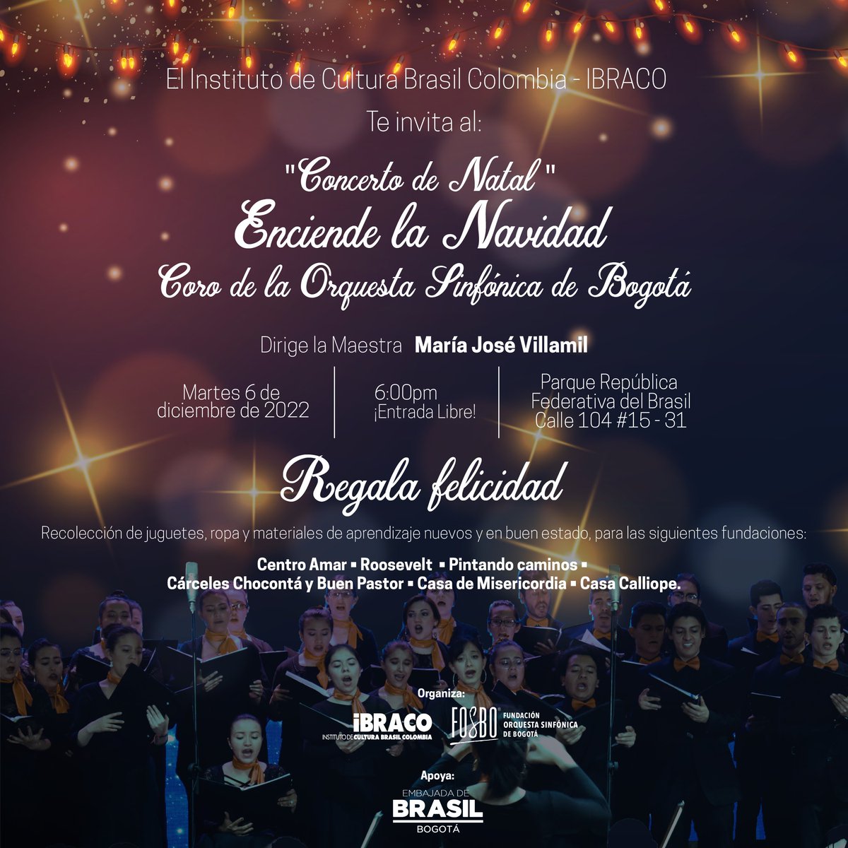 🎄🎅
Junto a <a href="/Fosbosinfonica/">FOSBO - Orquesta Sinfónica Bogotá</a>  te invitamos a disfrutar, el próximo martes 6 de diciembre a las 6:00 p.m. en el Parque República Federativa del Brasil, del concierto "Enciende la Navidad"
Entrada Libre!