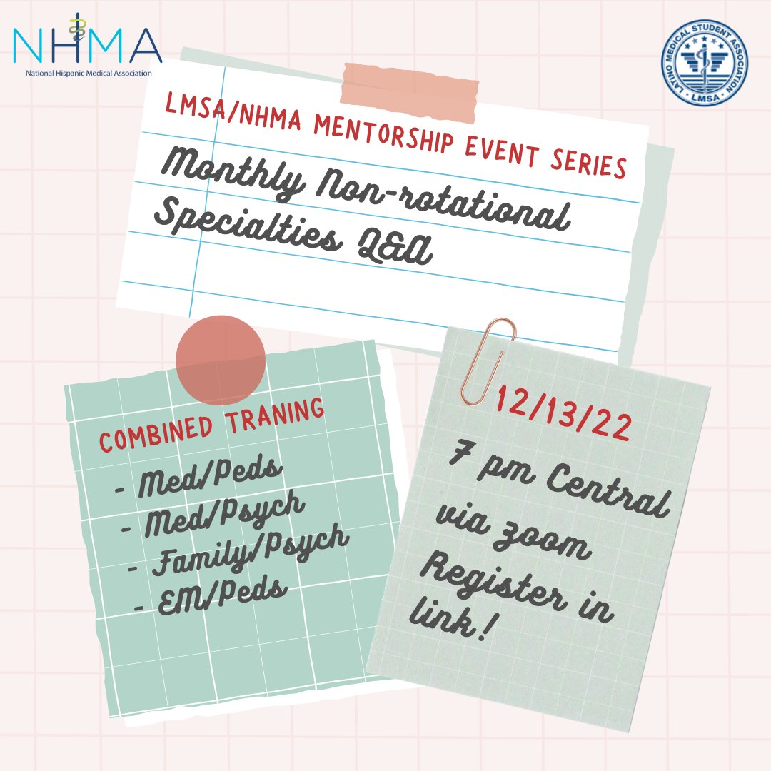 NHMA Council of Residents and Fellows (COR) (@nhma_cor) on Twitter photo Join <a href="/LMSAnational/">LMSA National</a> and <a href="/NHMA_COR/">NHMA Council of Residents and Fellows (COR)</a> on a new monthly series "Non-Rotational Specialties" mentorship event. The first event will be on Dec 13 at 7pm Central Time. Meet combined trained residents (residency programs where you train in two specialties at once!)
forms.gle/a629AgyBvPVrfn… Join <a href="/LMSAnational/">LMSA National</a> and <a href="/NHMA_COR/">NHMA Council of Residents and Fellows (COR)</a> on a new monthly series "Non-Rotational Specialties" mentorship event. The first event will be on Dec 13 at 7pm Central Time. Meet combined trained residents (residency programs where you train in two specialties at once!)
forms.gle/a629AgyBvPVrfn…