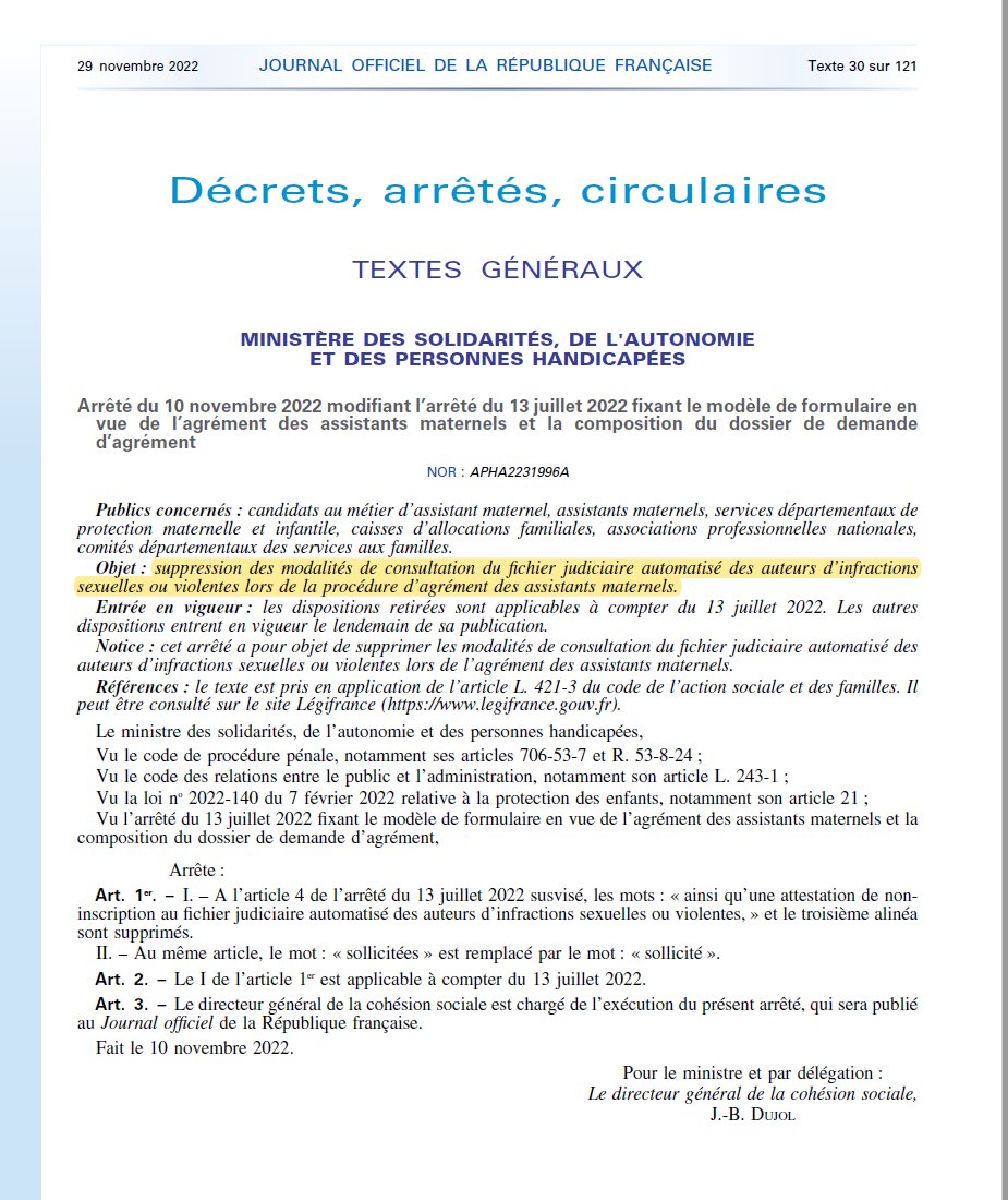 Non, ce n'est pas un fake, mais un extrait du JORF: lors de la procédure d'agrément des assistants maternels, on SUPPRIME LA CONSULTATION DU FICHIER JUDICIAIRE DES AUTEURS D'INFRACTION SEXUELLE et VIOLENCES.
😱😱😱