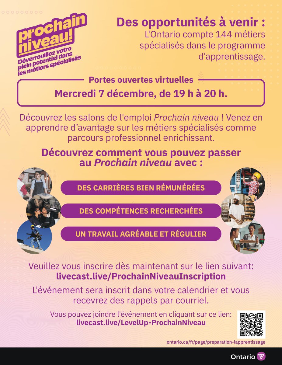 Vous avez raté les salons Au niveau? Assistez à la séance virtuelle portes ouvertes de <a href="/ONTautravail/">Ministère du Travail</a> le 7 décembre.

C’est l’occasion idéale pour les élèves et les parents d’en savoir plus sur les carrières des métiers spécialisés et de poser leurs questions à un panel diversifié