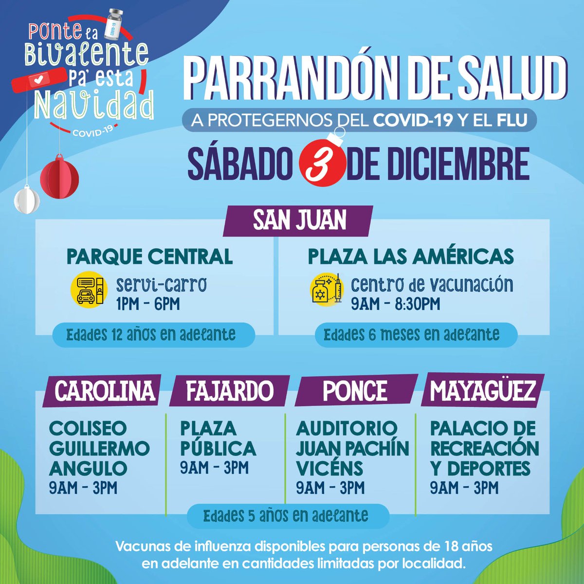 Calendario de eventos simultáneos de el Parrandón de Salud, sábado 3 de diciembre de 2022.  

¡A protegernos del COVID-19 con la Bivalente y del FLU! 
✔️CAROLINA 
✔️FAJARDO 
✔️MAYAGÜEZ 
✔️PONCE -
✔️SAN JUAN 

<a href="/DirectRelief/">Direct Relief</a> <a href="/desaludpr/">Departamento de Salud de Puerto Rico</a>