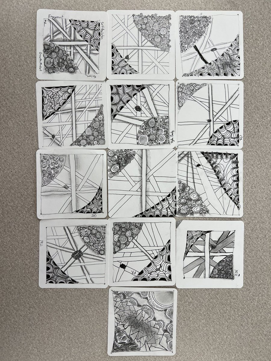 Wrapped up my first-year seminar course today w/ a #Zentangle project illustrating the four main components of the course #growthmindset #academicselfregulation #engagement &amp; #learningfromfailure #socialemotionallearning