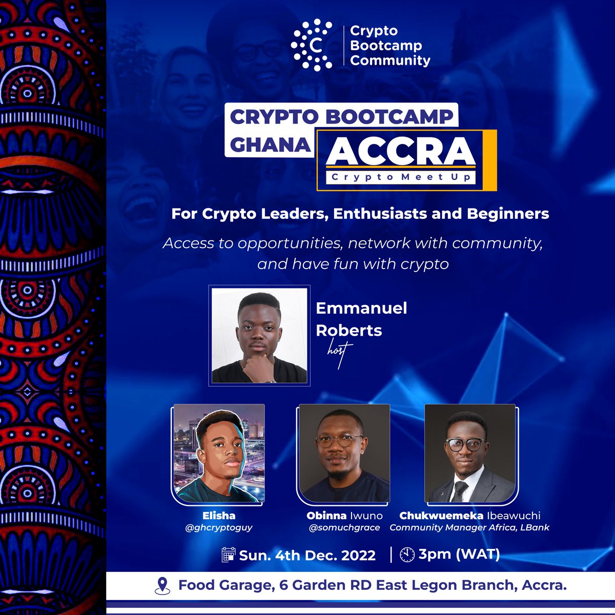 _CryptoBootcamp's tweet photo. The win for Ghana tonight over Uruguay is not the only thing to be excited about.

We are inviting all Crypto enthusiasts, Beginners and leaders to #AccraCryptoMeetup this Sunday organized by @_CryptoBootcamp 

Let's have a chat with @ghcryptoguy @Chuks_Gerald3 @iwuno_obinna https://t.co/TbNFeXEFjY