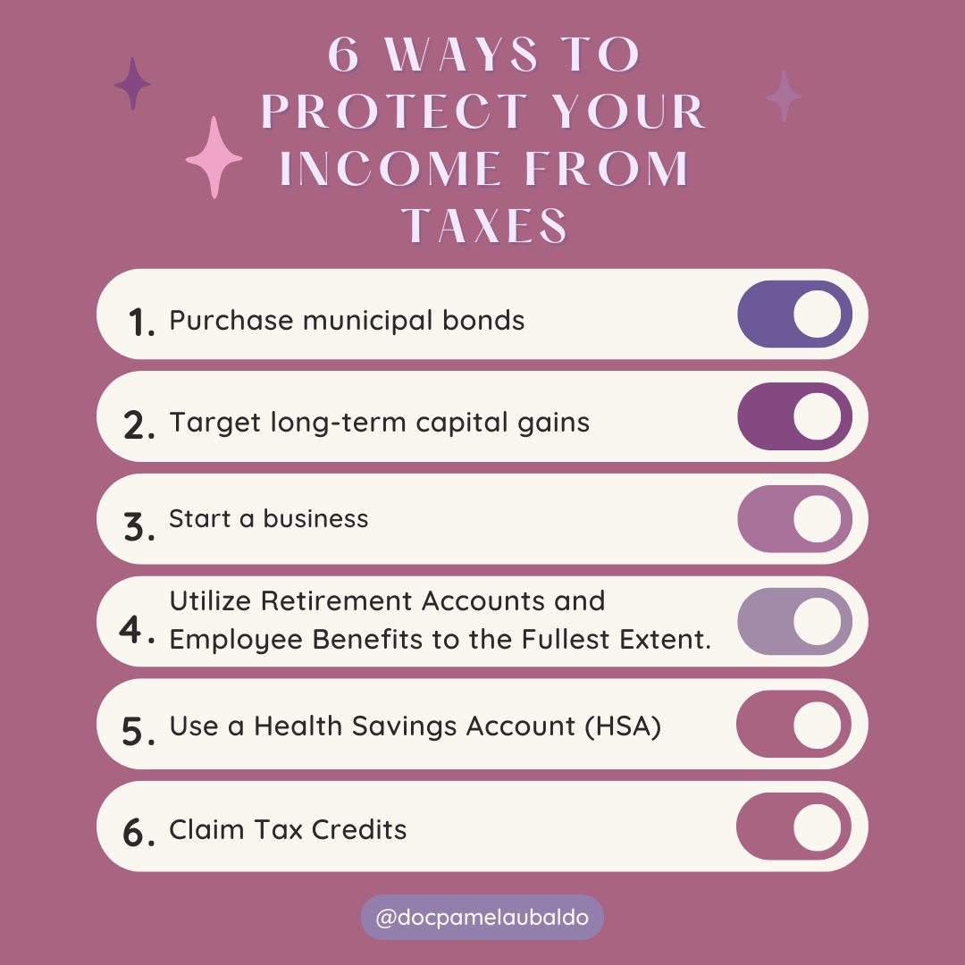 6 Ways to Protect Your Income from Taxes 💰📈

#moneysuccess #financialknowledge #financialliteracy #financialeducation #financialtips #moneygoals #moneymindset #advice #tips #successtips #loveyourfamily #taxes #incometaxes #investment