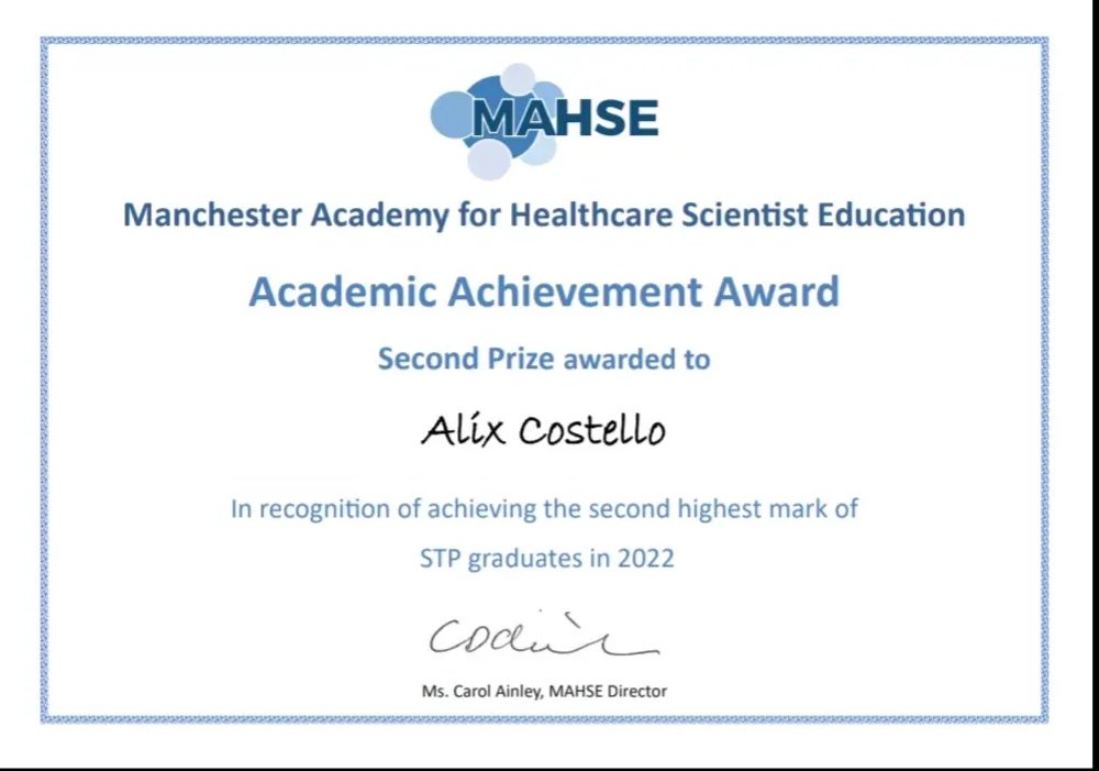 Feeling proud to have received the prize for the second highest mark of all 2022 STP graduates based at Manchester Universities❤️ <a href="/MAHSE1/">MAHSE</a> <a href="/NSHCS/">National School of Healthcare Science</a> #STP #MSc #Healthcarescience #ClinicalScientist