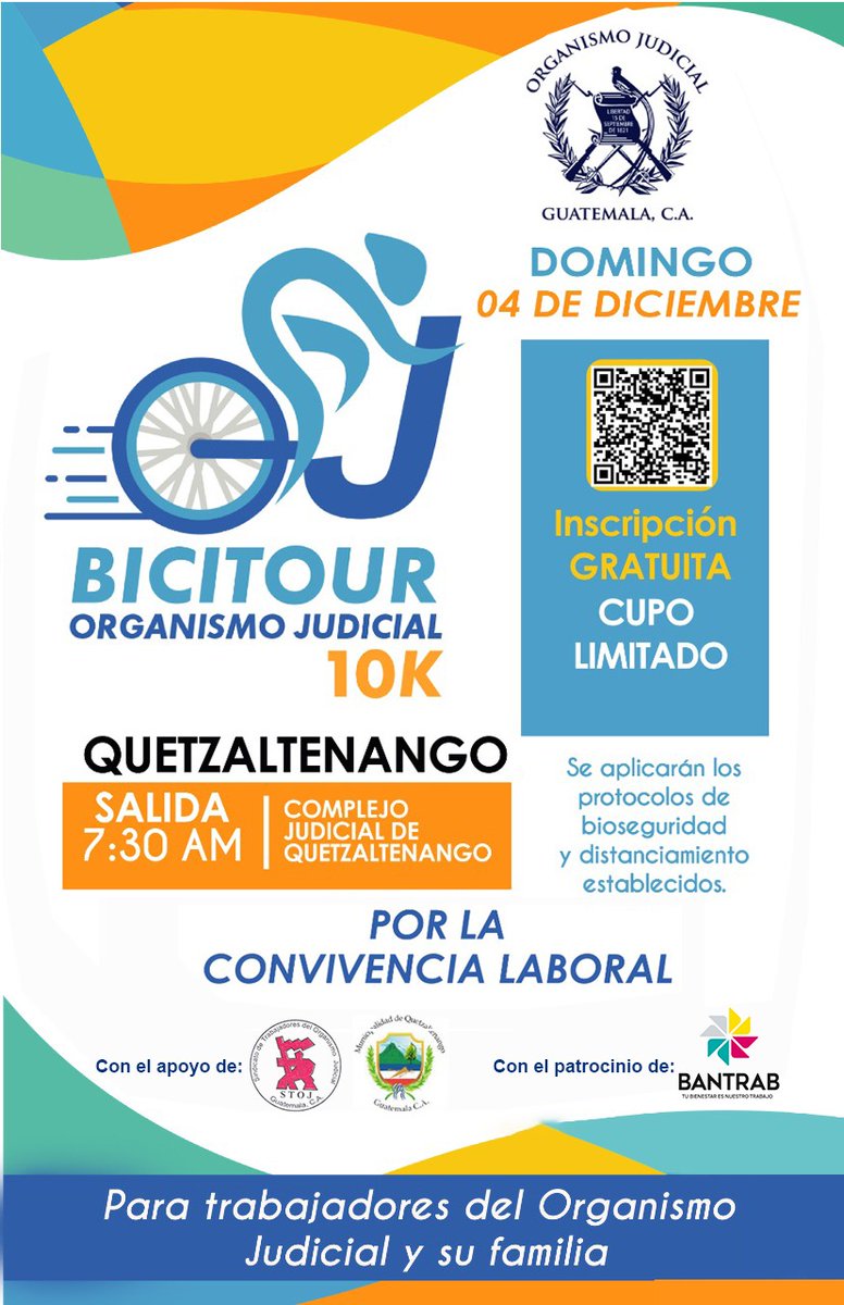 OJGuatemala's tweet photo. “Bicitour del Organismo Judicial, 
10K sede Quetzaltenango” Por la Convivencia Laboral.

✅ Inscripción gratuita
▫️ Scanea el código QR 

Con el apoyo de: @Muni_Xela
 y #STOJ

Con el patrocinio de: @BANTRAB

#BicitourOJ
#Quetzaltenango
#SistemaDeIntegridad https://t.co/Ss0wC8fEGr
