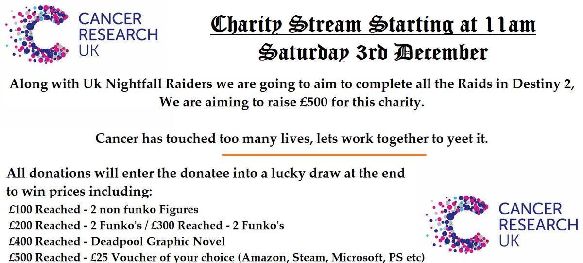 Jayzone1978's tweet photo. 1 hour till the Chrity stream starts.
Come along for the support, the chat, to see us clearing Destiny 2 Raids.
Donation link is :
https://t.co/o77QneyRs1
#CancerResearchuk #WipeoutCancer @OwlRetweets @rtsmallstreams @SmallStreamersC https://t.co/mWxuT6VI50