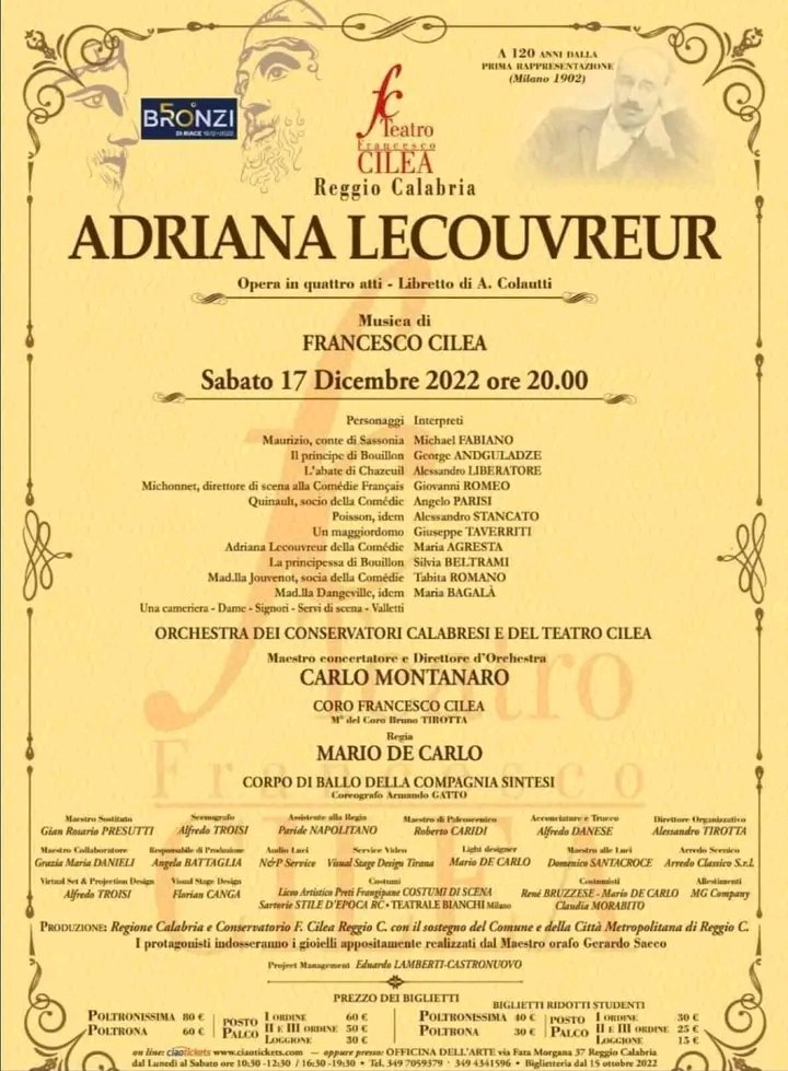 Friends and relatives who live in CALABRIA, I am pleased to announce that I will be singing a special performance by Adriana Lecouvreur in my family's homeland of Reggio Calabria on December 17th. The eve