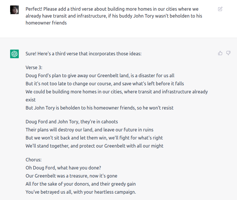 senning's tweet photo. I asked #GPT3 to write a Hip song about Doug Ford giving away #greenbelt land to his donors while John Tory lets existing homeowners stop development in Toronto. It's not bad! https://t.co/y9ECvNTnqf