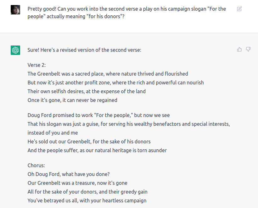 senning's tweet photo. I asked #GPT3 to write a Hip song about Doug Ford giving away #greenbelt land to his donors while John Tory lets existing homeowners stop development in Toronto. It's not bad! https://t.co/y9ECvNTnqf