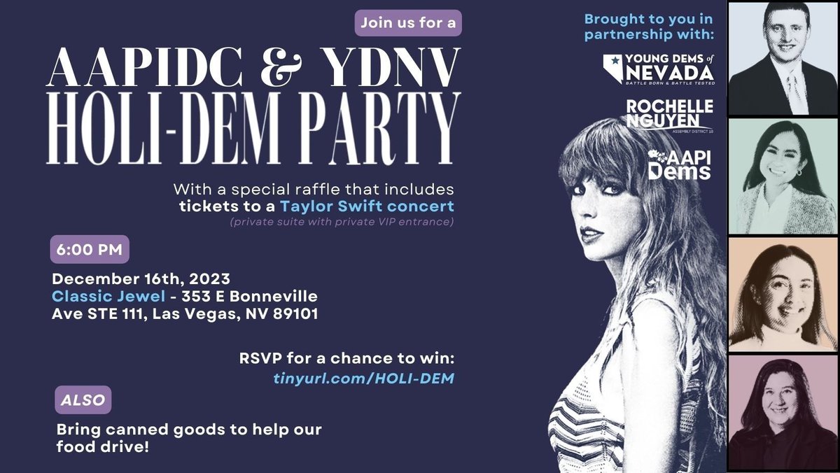 rochellenguyen's tweet image. Want to the chance win ✨Taylor Swift✨ concert tickets? I donated some to @AAPIDemsNV @YoungDemsNV!  Join me at their joint Holi-Dem party. We’ll be at the classic jewel on the 16th! 

RSVP for a chance to win! &amp;gt;&amp;gt; tinyurl.com/HOLI-DEM
