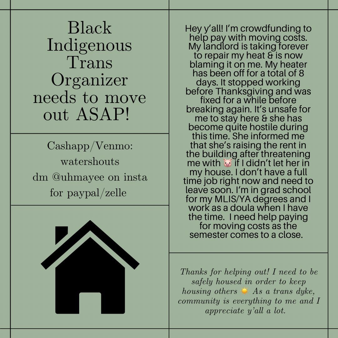 zakaruaji's tweet image. black indigenous trans organizer is getting frozen out of his apt, and needs funds to move. CA: watershouts, insta: uhmayee