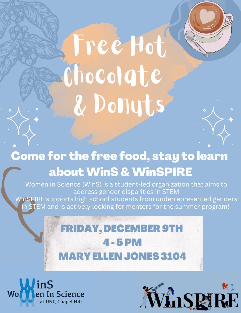 Want to learn more about <a href="/WinspireU/">UNC WinSPIRE</a> and <a href="/UNC_WINS/">UNC Women in Science</a>? Like FREE donuts and hot chocolate??

Learn more about both organizations on Friday December 9th from 4-5pm in Mary Ellen Jones Room 3104!