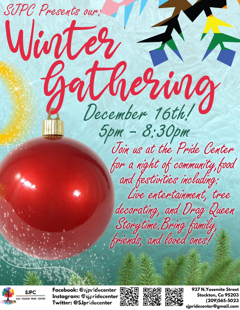 SJPrideCenter's tweet photo. On December 16th, 5 PM - 8:30 PM, we will be having a Winter Gathering to celebrate the end of the year! Bring your friends, family, and loved ones for a magical night filled with community, food, and all kinds of fun festivities! https://t.co/Hh0XYyVTIN
