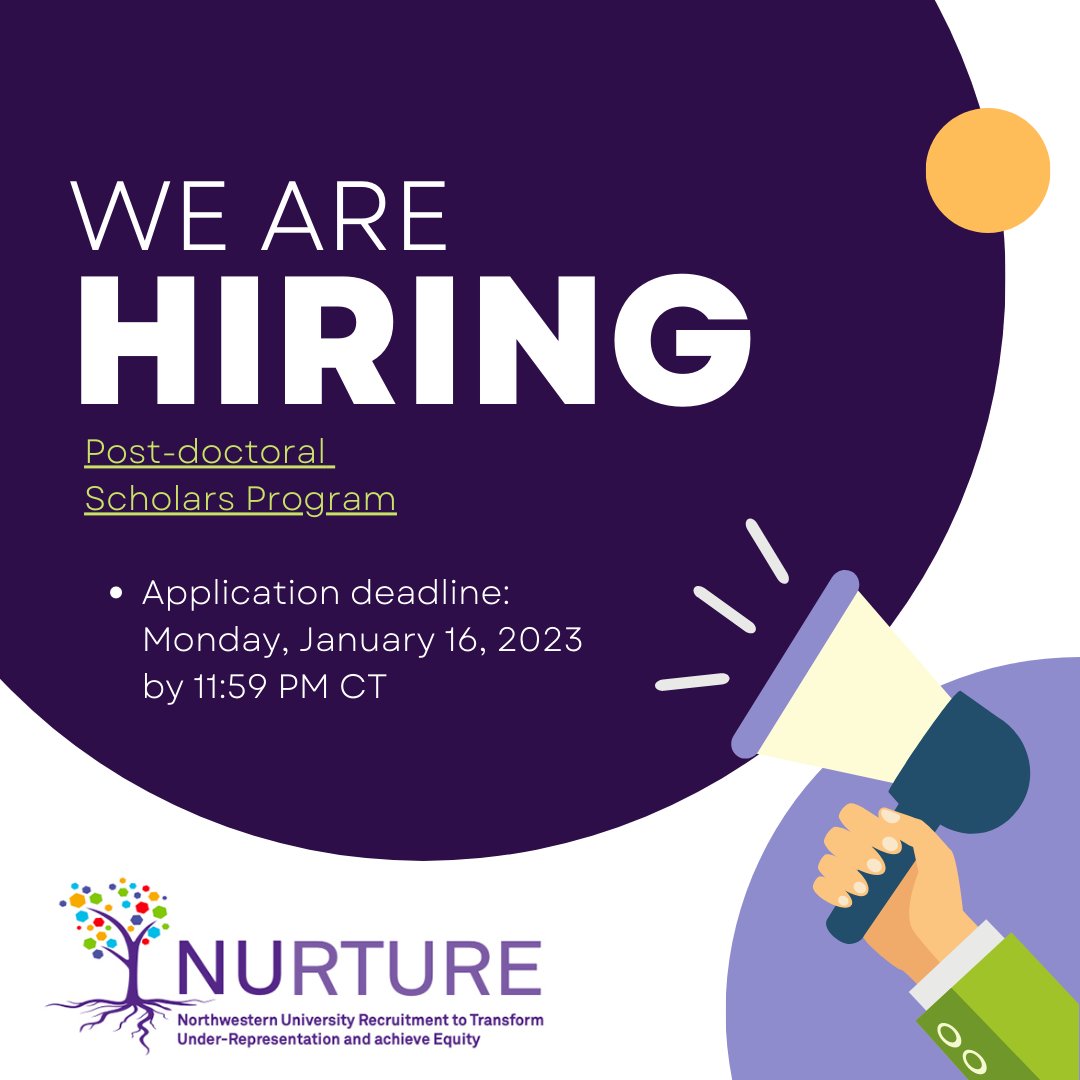 NURTURE Program at Northwestern University (@nu_nurture) on Twitter photo ‼️📢NOW HIRING POSTDOCS📢‼️
Looking for postdoc positions in 1⃣ Cancer 2⃣ Cardiovascular 3⃣ Brain, Mind, and Behavior!
<a href="/NU_NURTURE/">NURTURE Program at Northwestern University</a> Join NURTURE💜 #healthequity #postdoctoralscholarsprogram
Find out more here:➡️nurture.northwestern.edu/open-positions…
Apply here:➡️redcap.link/nurturepostdoc ‼️📢NOW HIRING POSTDOCS📢‼️
Looking for postdoc positions in 1⃣ Cancer 2⃣ Cardiovascular 3⃣ Brain, Mind, and Behavior!
<a href="/NU_NURTURE/">NURTURE Program at Northwestern University</a> Join NURTURE💜 #healthequity #postdoctoralscholarsprogram
Find out more here:➡️nurture.northwestern.edu/open-positions…
Apply here:➡️redcap.link/nurturepostdoc