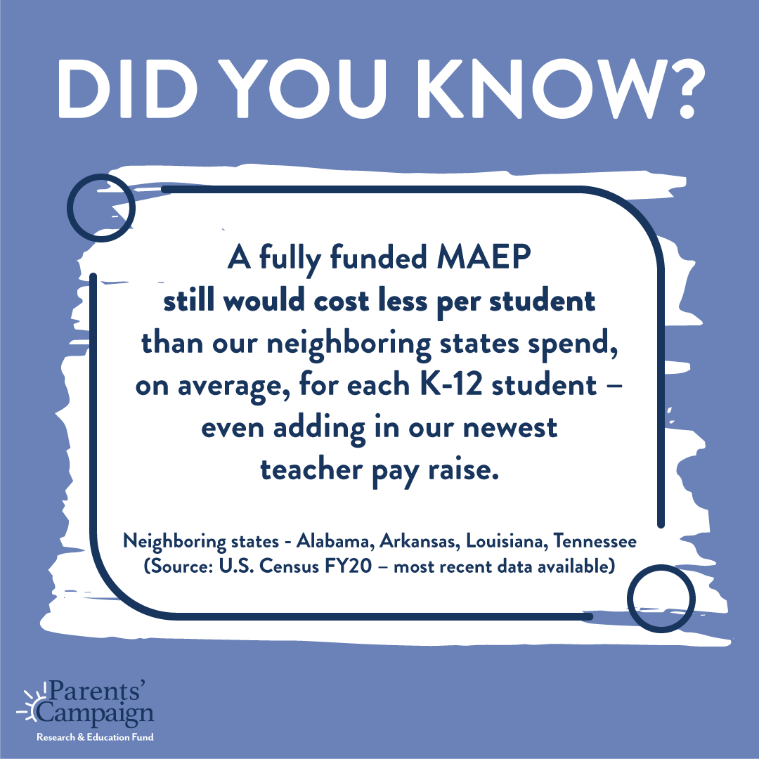ParentsCampaign's tweet photo. If Alabama, Arkansas, Louisiana, & Tennessee can do it, so can Mississippi! Adequate resources for public school classrooms = fully funding the MAEP. It’s really that simple.
#FundMAEP #msleg #msedu https://t.co/rBCfjuy2Cu