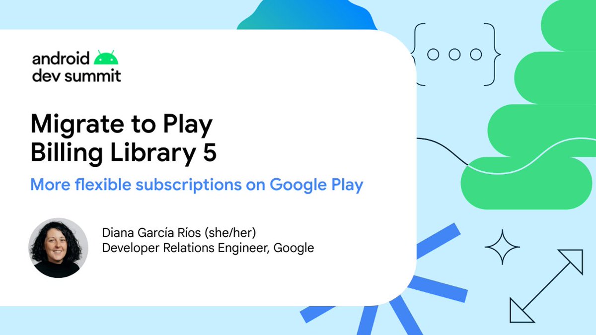 AndroidDev's tweet photo. Migrate to Google Play’s Billing Library 5 for new subscription features and capabilities! 🎉
Learn to adapt your #Android and server integrations, design your system to reduce maintenance costs, and more with this #AndroidDevSummit session 💡 → https://t.co/kgFHomFQ9W https://t.co/tEPLT6poVM