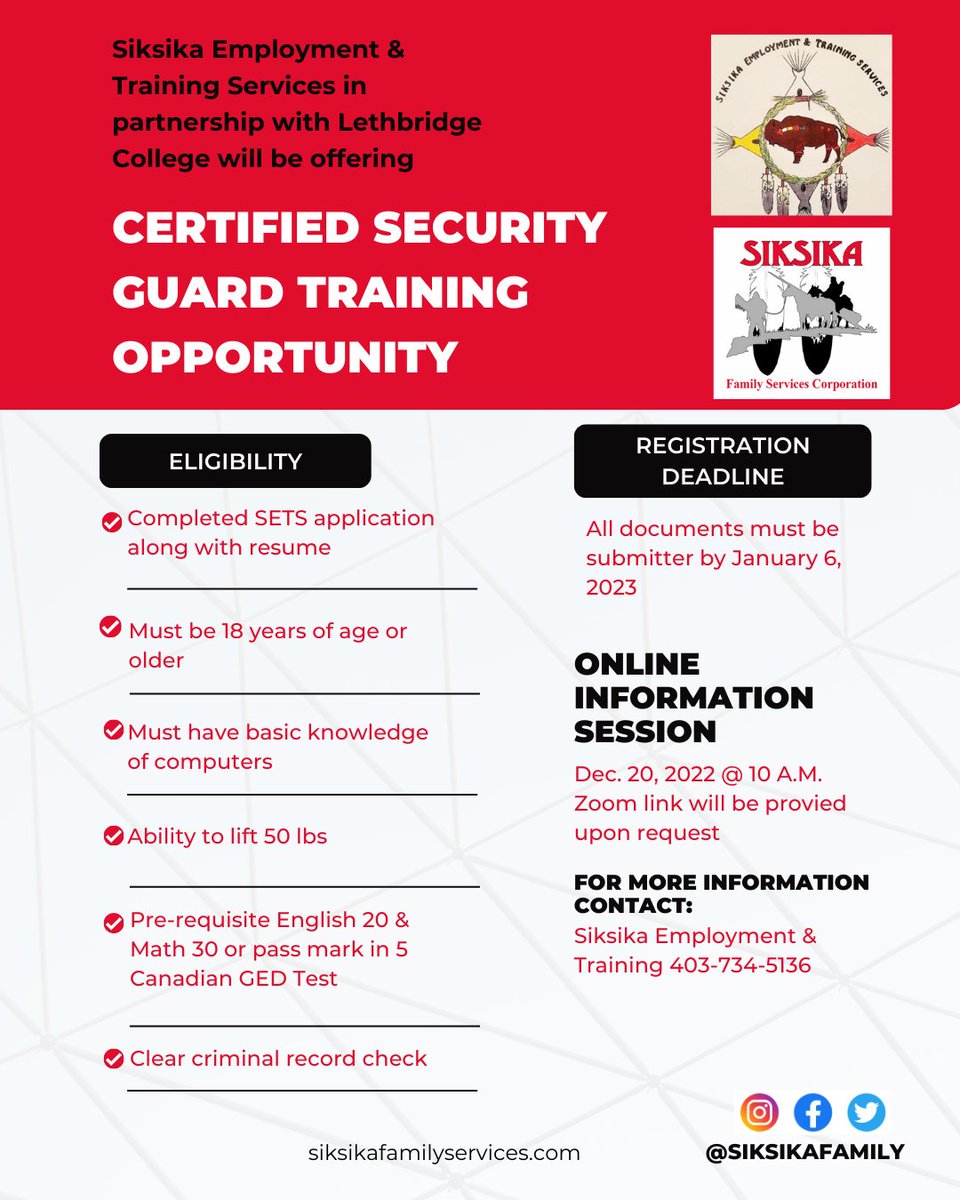 SiksikaFamily's tweet photo. Siksika Employment &amp; Training Services is offering an exciting opportunity to anyone interested in becoming a certified security guard. If you or anyone you know maybe interested please join SETS on Dec. 20 at 1 p.m. for an online information session. https://t.co/ixMq4iUNsn