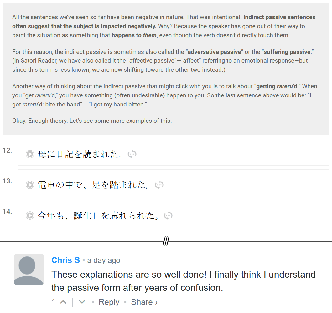 User "Chris S" is enjoying our Nutshell Grammar breakdown of the passive. Thank you, Chris!

There's nothing sweeter than that moment of pure joy when something that has been eluding you finally clicks. That's a Satori moment.

Study #Japanese with us!
satorireader.com