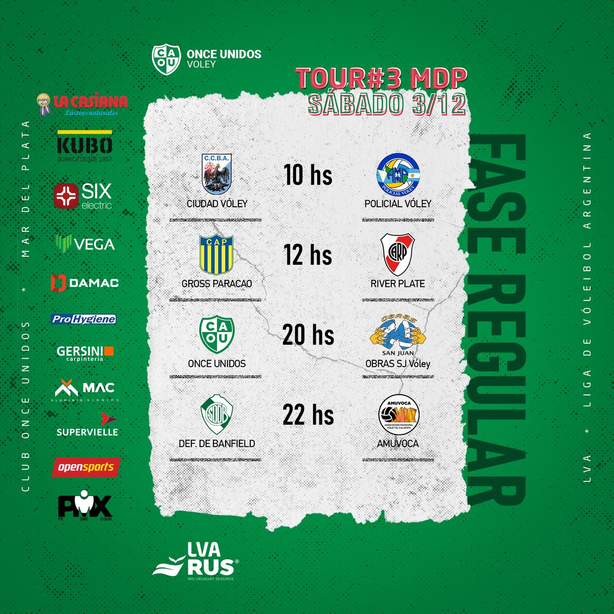 #LVARUS22-23 #FaseRegular
Te dejamos el fixture del Tour#3 MAR DEL PLATA que se disputará en nuestro club desde el 1º de diciembre.
📌Cada jornada en la puerta $750 el valor de la entrada
.
🔜 3 DIC / 20hs
ONCE UNIDOS vs OBRAS SJ VÓLEY
🔜 4 DIC / 20hs
ONCE UNIDOS vs SAN LORENZO