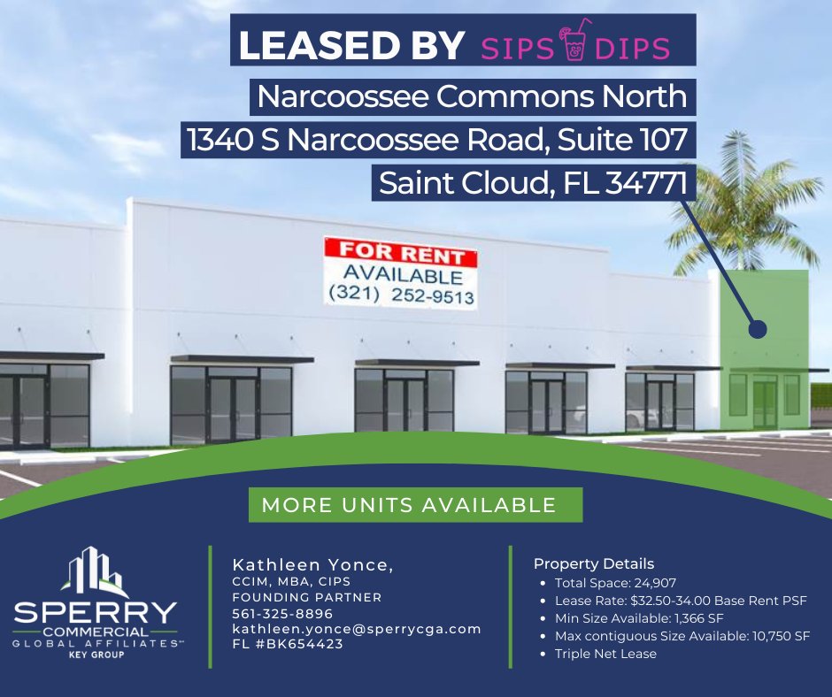 KeySperrycga's tweet image. SperryCGA -KEY Group is happy to announce the addition of North Carolina-based Sips and Dips to the Narcoossee Commons North development, in St Cloud, Florida. We can&apos;t wait for their Grand Opening in March! More spaces are still available  bit.ly/3UwcVsG
#sperrycga