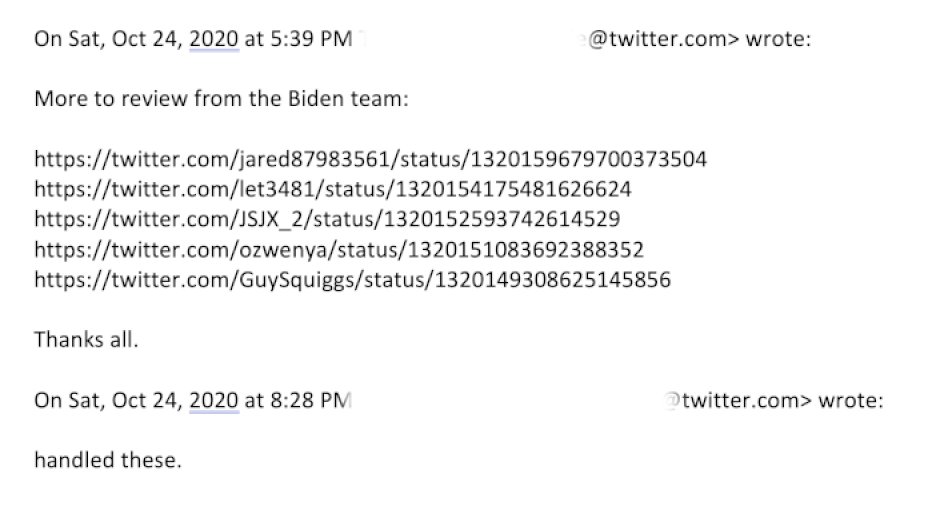 8. By 2020, requests from connected actors to delete tweets were routine. One executive would write to another: “More to review from the Biden team.” The reply would come back: “Handled.”