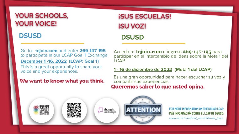 Hi everyone! Our first LCAP ThoughtExchange has launched: tejoin.com/scroll/2691471… Don’t forget to watch the video in the introduction, share your thoughts, and ⭐️the thoughts of others! We greatly appreciate your feedback!😀#DSUSDPride <a href="/DesertSandsUSD/">Desert Sands USD</a> <a href="/DesertSandsEF/">DesertSandsEF</a>