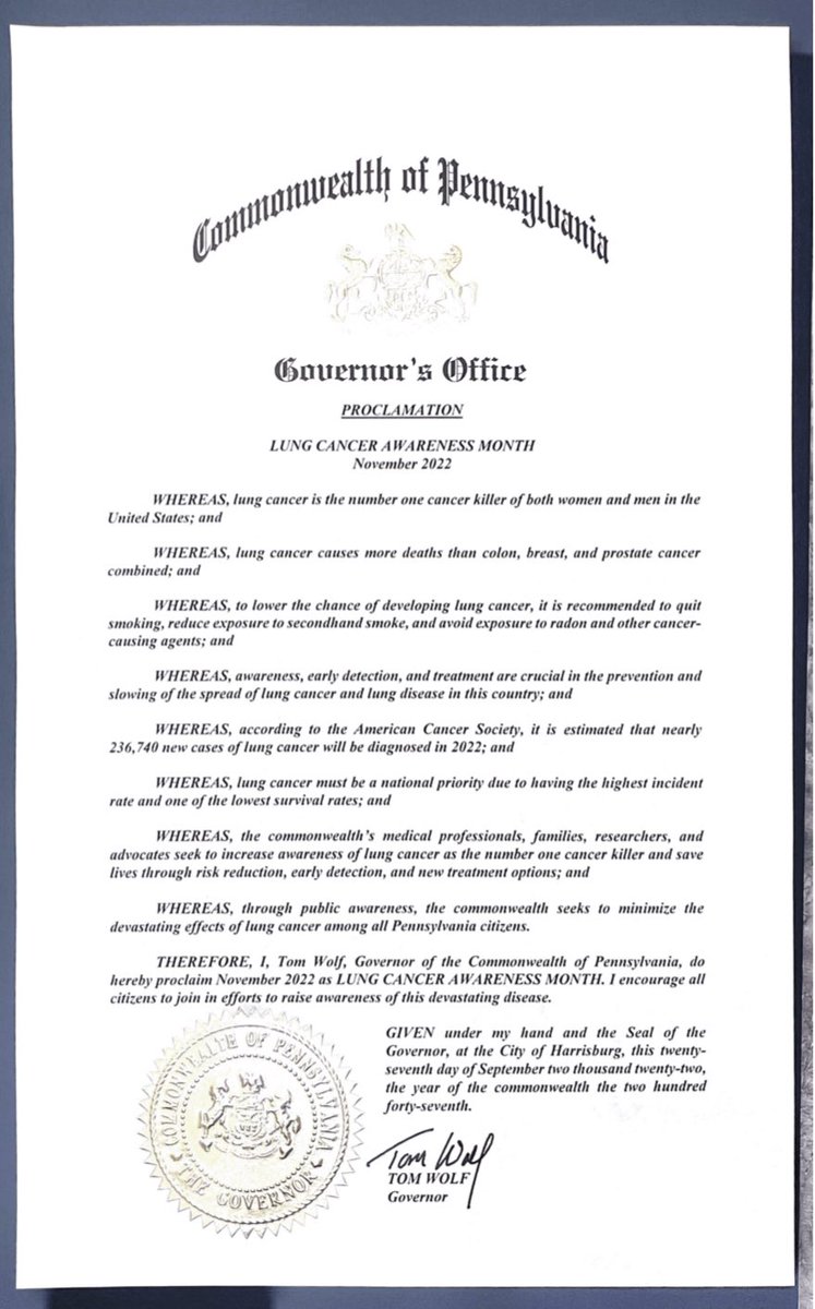 We are deeply grateful to @GovernorTomWolf of Pennsylvania for recognizing November as #LungCancerAwarenessMonth and working with us to spread awareness about the importance of lung cancer screening🌟 Thank you so much Gov. Wolf for all your support!