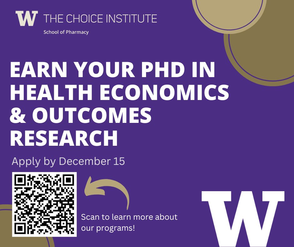 The deadline to apply to the @UW_Pharmacy  #UWCHOICE PhD program in Health Economics & Outcomes Research #HEOR (Fall 2023 entry) is fast approaching. Deadline: Thurs, December 15, 2022. Email uwsopchoice@uw.edu with questions! @basucally @JoshJCarlson @AasthaaLaVista @rnhansenwa