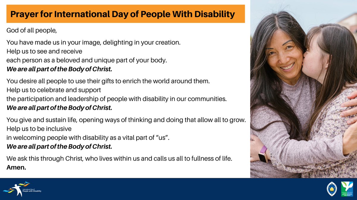 On International Day of People with Disability we pray together: 

You desire all people to use their gifts to enrich the world around them. 
Help us to celebrate and support
the participation and leadership of people with a disability in our communities. 

#IDPWD2022
