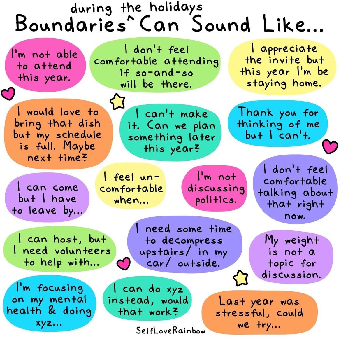 NAMI_Nv's tweet photo. Boundaries are a good way to protect your mental health. Here are some helpful examples of language that you can use in the moment.
Image @selfloverainbow
#itsokaytonotfeelokay #mentalhealthmatters #Together4MH https://t.co/6vtd5hsLvt