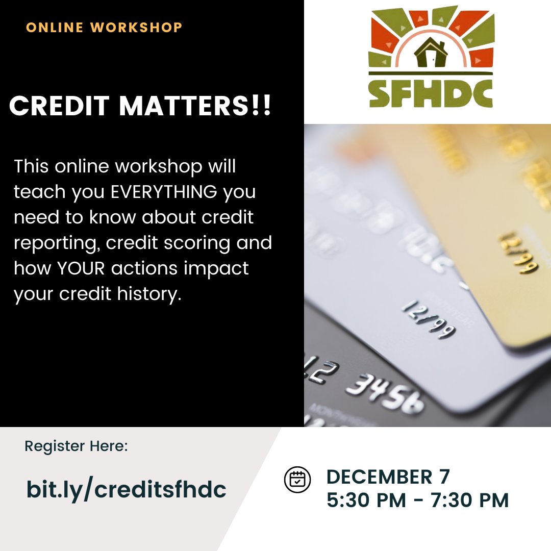 Is your credit score keeping you from achieving your goals?

This class is a must if you are applying for credit, housing or job positions which require credit and background checks. 

Register at bit.ly/creditsfhdc