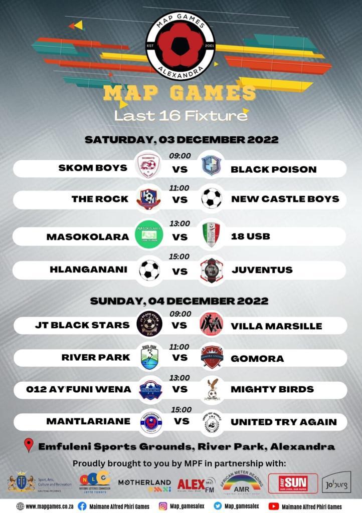 Kgomotsso's tweet photo. The Maimane Alfred Phiri #MAPGames last 16 round fixtures.
ποΈ Saturday, 03 Dec
ποΈ Emfuleni, River Park, Alexandra
#WorldCup @SSFootball @SAFA_net Peter Drury Mbaks https://t.co/bmhoJmXS3N