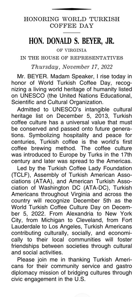 AnilSural's tweet photo. Dünya Türk Kahvesi Günü Amerikan Kongresinin resmi kayıtlarına girdi!

Virginia Milletvekili Don Beyer tarafından Türk Kahvesi Günü tanınarak bir ilk gerçekleşti

13 yıldır ABD'de Türk kahvesinin tanıtılmasına emek veren @TRCoffeeLady'nin girişimiyle ABD Kongresi resmen tanıdı https://t.co/uTlppFpyZU