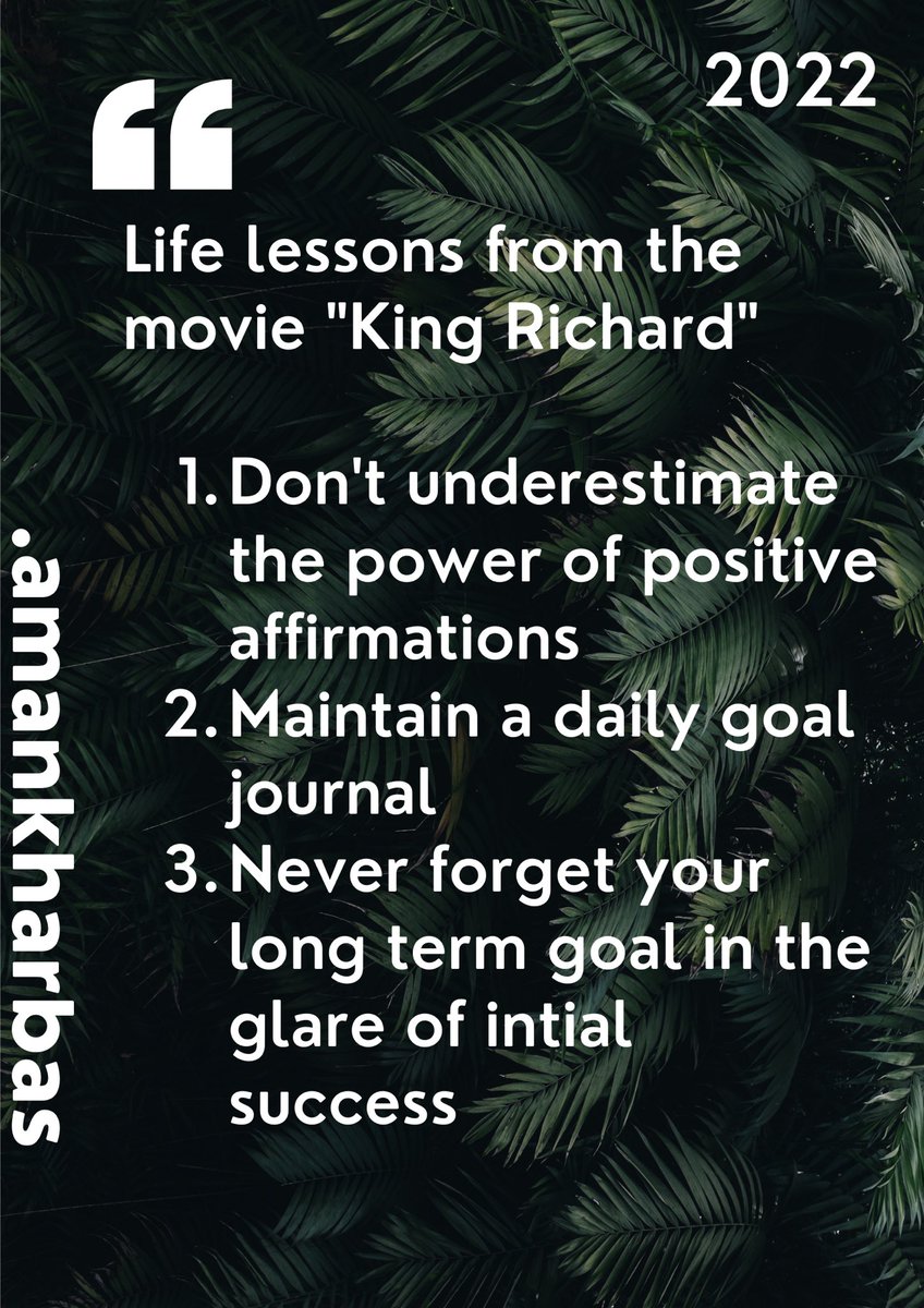 aman_kharbas's tweet photo. Things we can learn from the movie #kingrichard #willsmith #motivation #positivevibes #life #lifelessons #positivity #dailyjournal #goaljournal #dailygoals #positiveaffirmation #goals #lifegoals #chrisrock #serenawilliams #venuswilliams #richardwilliams https://t.co/m1vnvm7QIc