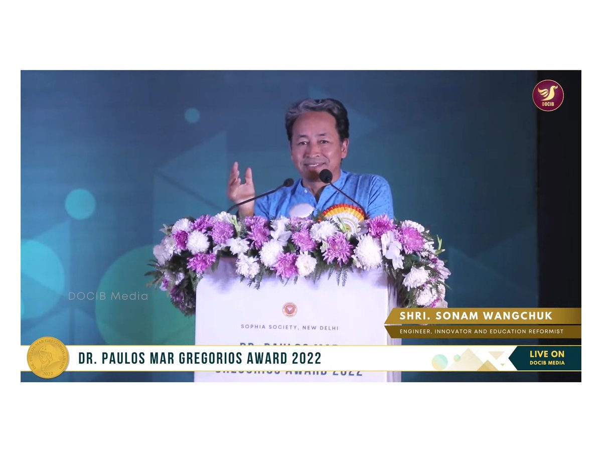 DOCIBMedia's tweet photo. Shri @Wangchuk66 and the @HialLadakh were awarded the 7th Dr. Paulos Mar Gregorios Award on 27 November, 2022.
In his acceptance speech, he underlined the importance of religious and cultural harmony and the need to focus on climate change and environmental issues. #PMGAward2022 https://t.co/14QYa9NBxP