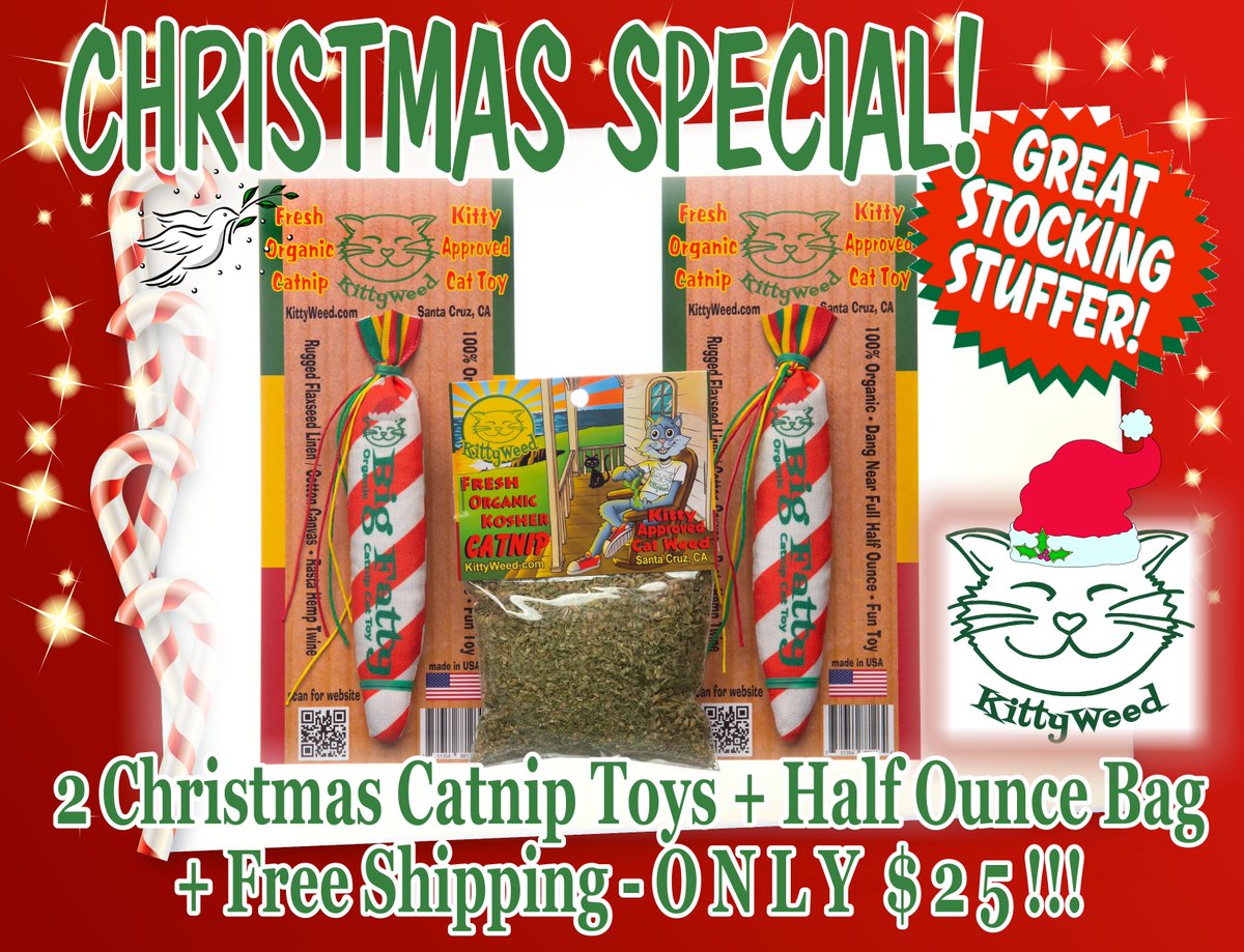 kittyweedcatnip's tweet image. Give your special feline(s) an extra fun present under the tree! KittyWeed® catnip toys are handmade in Santa Cruz, California using rugged Flaxseed Linen/Cotton Canvas and Hemp Twine plus non-toxic ink and each toy is stuffed full with a half ounce of our KittyWeed® catnip!