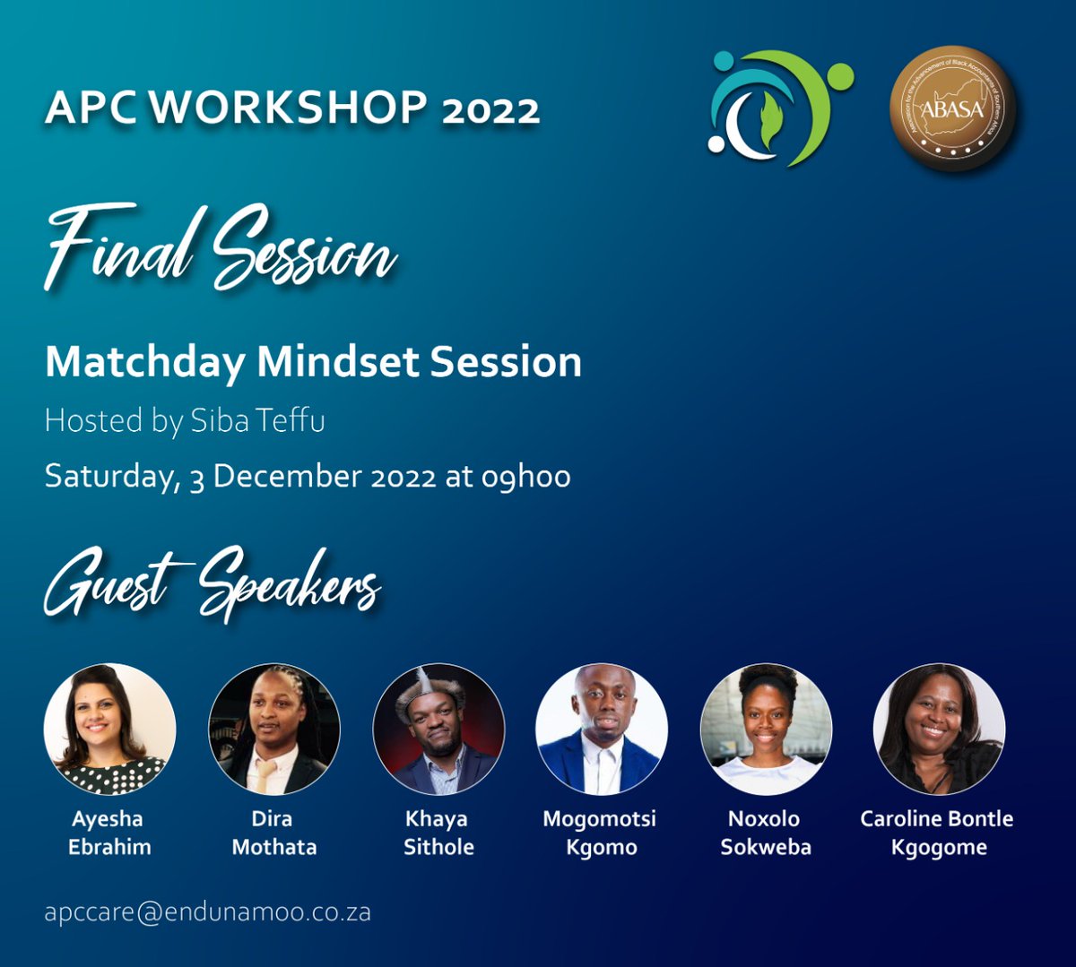 Join #EndunamooXABASA for the #APCWorkshop2022 final session. Lets turn on your Matchday Mindset. Register at endunamoo.co.za/apc-workshop/

#abasajhb #abasatshwane #APC #RoadtoCA(SA)
<a href="/ABASA_Tshwane/">ABASA_Tshwane</a>
<a href="/ABASA_National/">#ABASA</a> 
<a href="/EndunamooSocia1/">EndunamooAfrica</a>