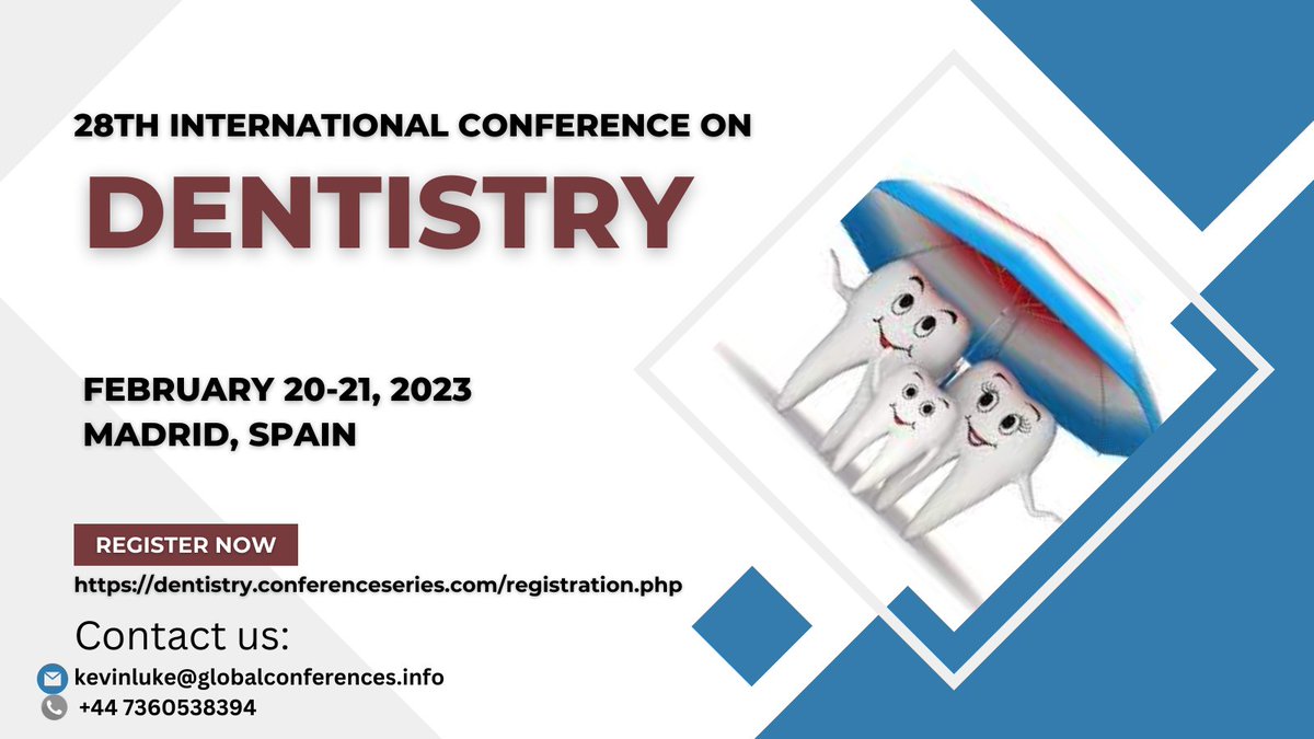 Dentistry 2023 (@kevinlu84170983) on Twitter photo Be a part of the “28th International Conference on Dentistry" scheduled on February 20-21, 2023 Madrid, Spain. Meet Inspiring #Speakers and #Experts at dentistry 2023. Hurry up abstract submission deadline is very close to ending
abstract submission Link: dentistry.conferenceseries.com/abstract-submi… Be a part of the “28th International Conference on Dentistry" scheduled on February 20-21, 2023 Madrid, Spain. Meet Inspiring #Speakers and #Experts at dentistry 2023. Hurry up abstract submission deadline is very close to ending
abstract submission Link: dentistry.conferenceseries.com/abstract-submi…