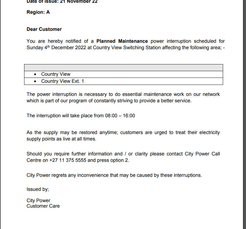 CityPowerJhb's tweet photo. #JoburgUpdates #Region A

#CountryViewPlannedOutage

Please be reminded of a Planned Maintenance power interruption scheduled for
Sunday 4th December 2022 at 08h00 until 16h00.^LP https://t.co/iPd8Rtq4EY