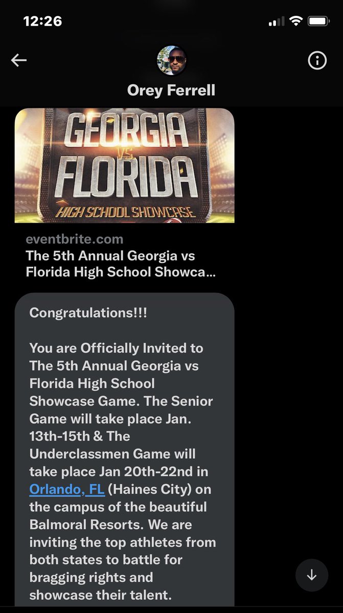 CharlesAlerte2's tweet photo. Blessed to be invited to the Georgia Vs Florida showcase game @MikeW_FPC @FPCFootball @EJBrutus6 @OreyFerrell https://t.co/dLV81B7zuy