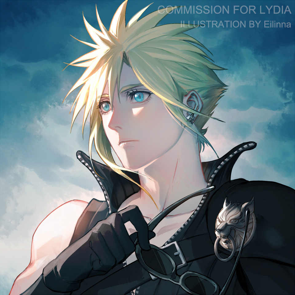 cloud strife 1boy male focus blonde hair solo gloves holding armor  illustration images