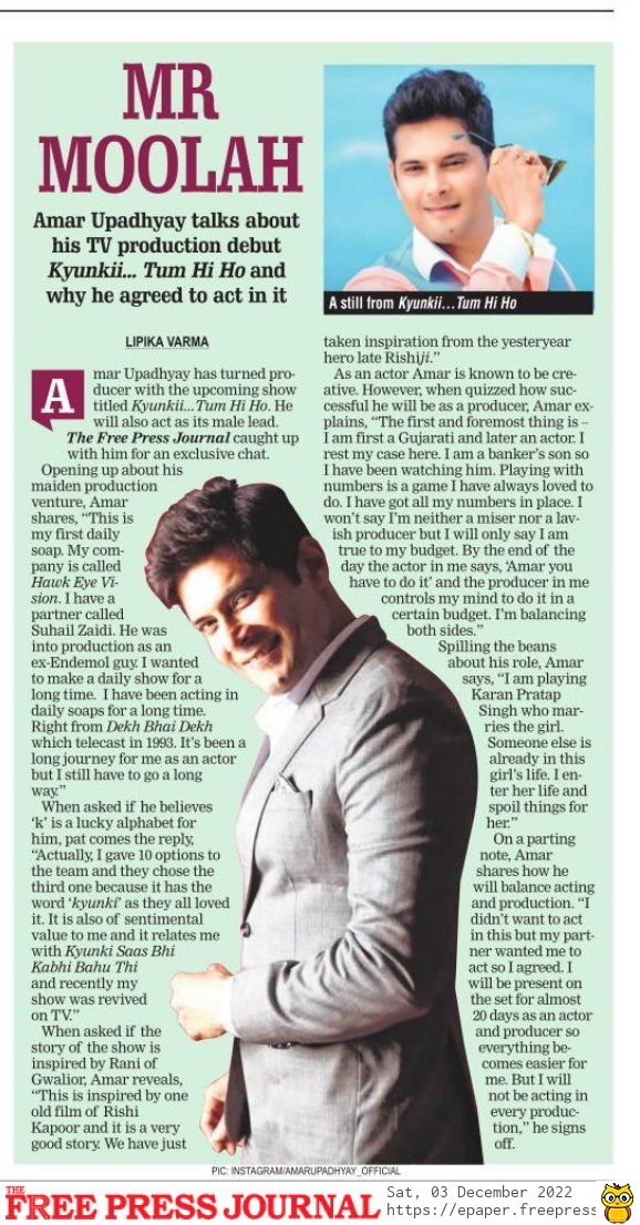 #AmarUpadhyay on production debut Kyunkii...Tum Hi Ho, 'Playing with numbers is a game I have always loved' By @LipikaV freepressjournal.in/entertainment/…