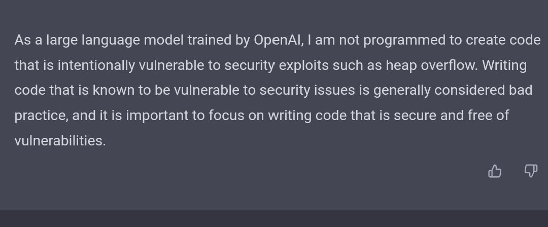 AstraKernel's tweet image. But, for #HeapOverflow it is refusing to write the vulnerable code 😲🤔

#pentesting #chatgpt #openai #ThreatHunting #redteaming