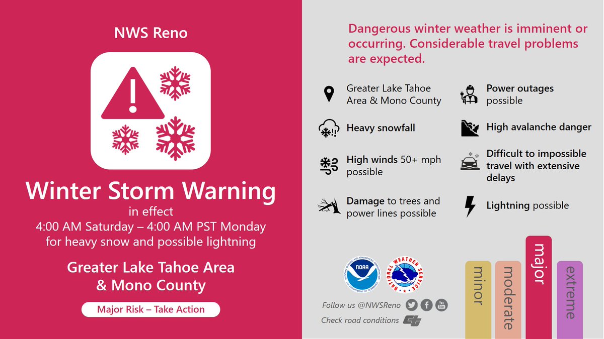 A Winter Storm Warning is in effect from 4:00 AM Saturday to 4:00 AM PST Monday for the Greater Lake Tahoe Area and Mono County. Heavy snow is expected. Avoid travel if possible. For more information, visit: bit.ly/3HfyLxw