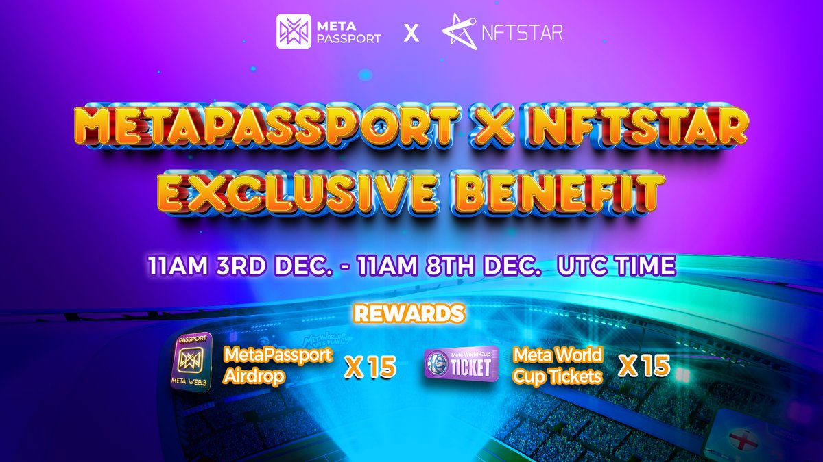 MetaPassport (@meta_passport) on Twitter photo <a href="/Meta_Passport/">MetaPassport</a> X <a href="/THENFTSTAR/">NFTSTAR- MetaGoal Preseason is live now!</a> EXCLUSIVE BENEFIT!
🎉
Let's celebrate the big time with <a href="/THENFTSTAR/">NFTSTAR- MetaGoal Preseason is live now!</a> ⚽️
🎁15 x Meta World Cup Tickets Airdrop
🎁15 x MetaPassport Airdrop
Users who completes all tasks will stand a chance to win the Airdrop!
gleam.io/aPskm/metapass… <a href="/Meta_Passport/">MetaPassport</a> X <a href="/THENFTSTAR/">NFTSTAR- MetaGoal Preseason is live now!</a> EXCLUSIVE BENEFIT!
🎉
Let's celebrate the big time with <a href="/THENFTSTAR/">NFTSTAR- MetaGoal Preseason is live now!</a> ⚽️
🎁15 x Meta World Cup Tickets Airdrop
🎁15 x MetaPassport Airdrop
Users who completes all tasks will stand a chance to win the Airdrop!
gleam.io/aPskm/metapass…