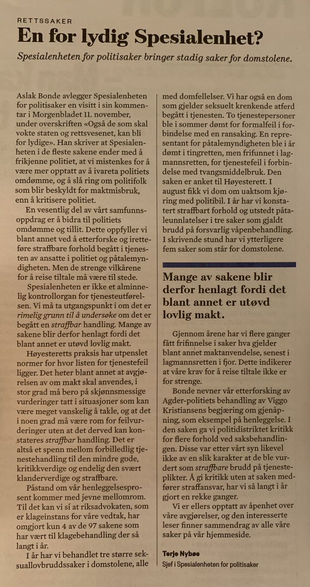 I gårsdagens utgave av <a href="/Morgenbladet/">Morgenbladet</a> beskrev jeg enkelte sider ved Spesialenhetens arbeid. Dere finner mer om vår virksomhet og våre saker her:spesialenheten.no