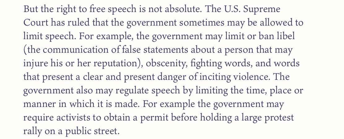 kurteichenwald's tweet photo. This is what goes wrong when someone like Taibbi does information vomit. The words he finds so outrageous -  “the first amentdment isn’t absolute” - is first term law school. In fact, here is the Annenberg School intro to first amendment. https://t.co/vaw1WjxxCn
